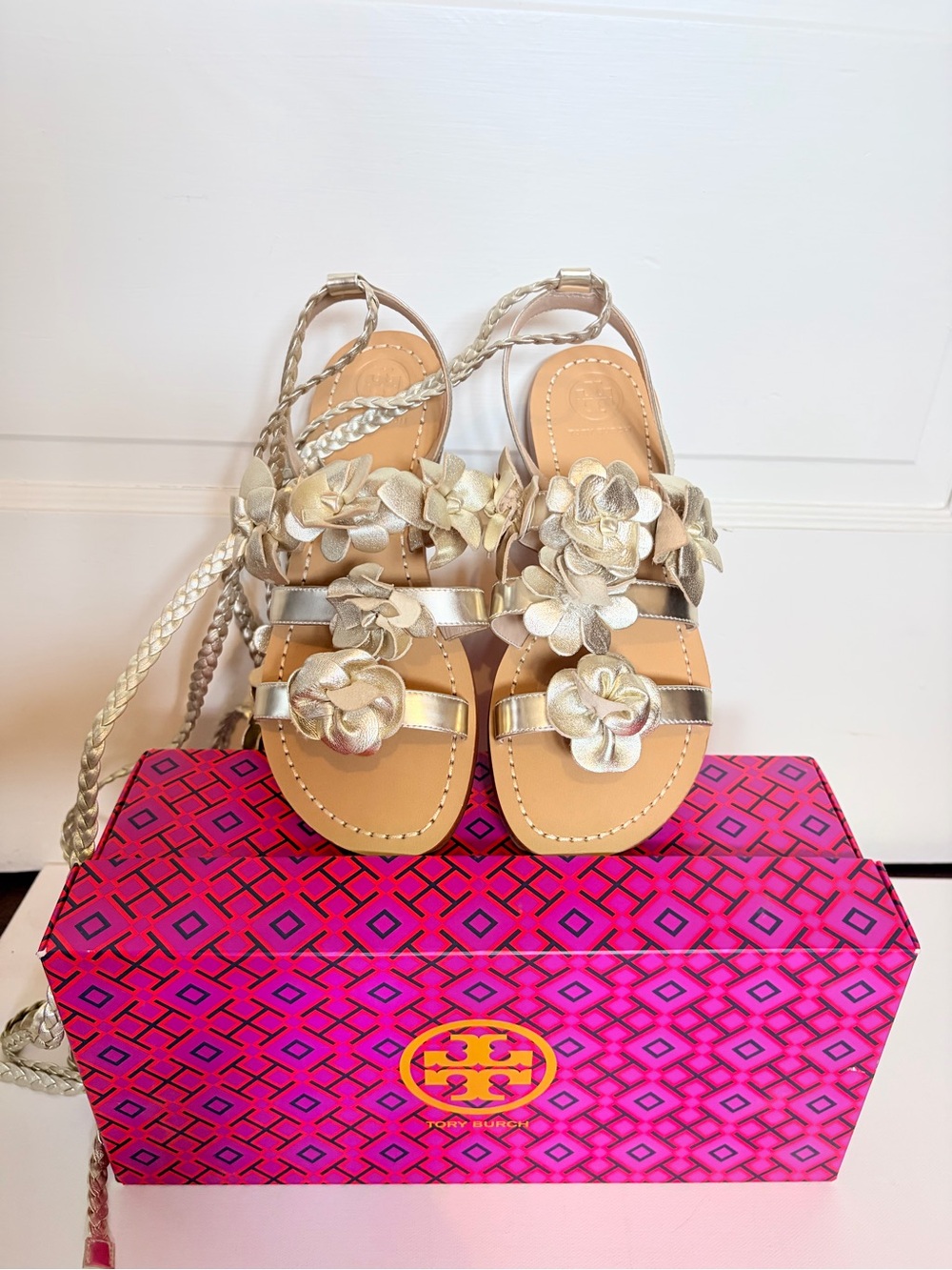 Tory Burch Metallic Gold Floral Gladiator Sandals